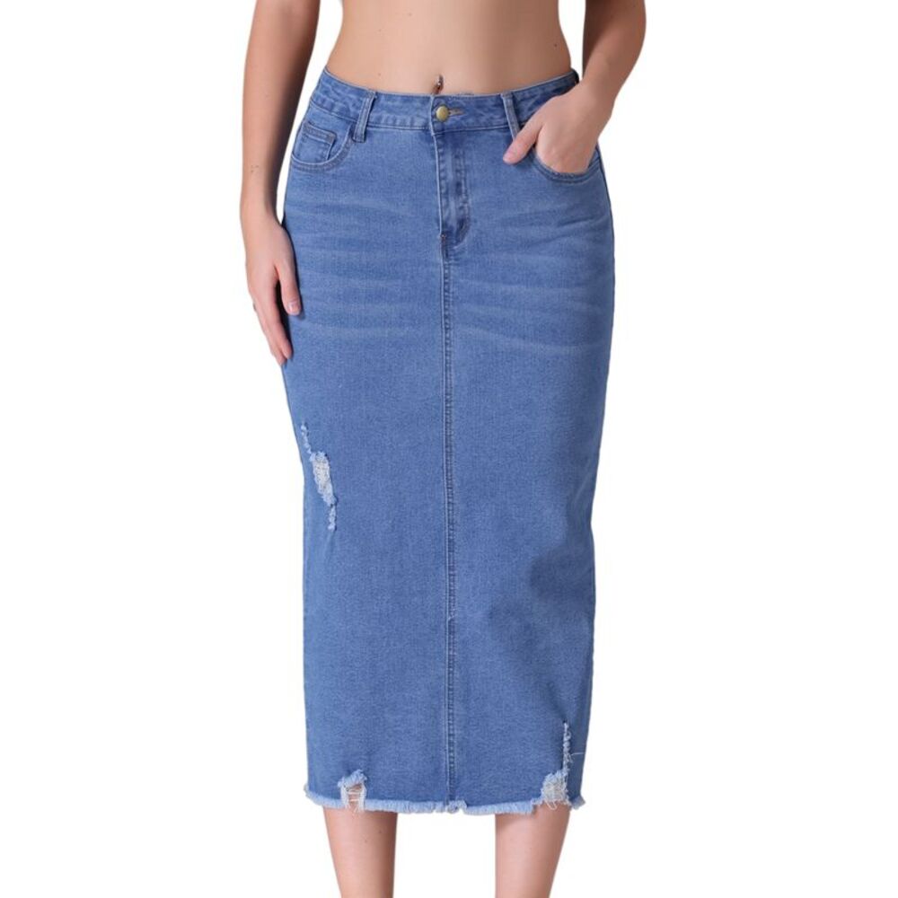Ripped Raw Hem High Waisted Stretch Midi Jean Skirts Light Blue